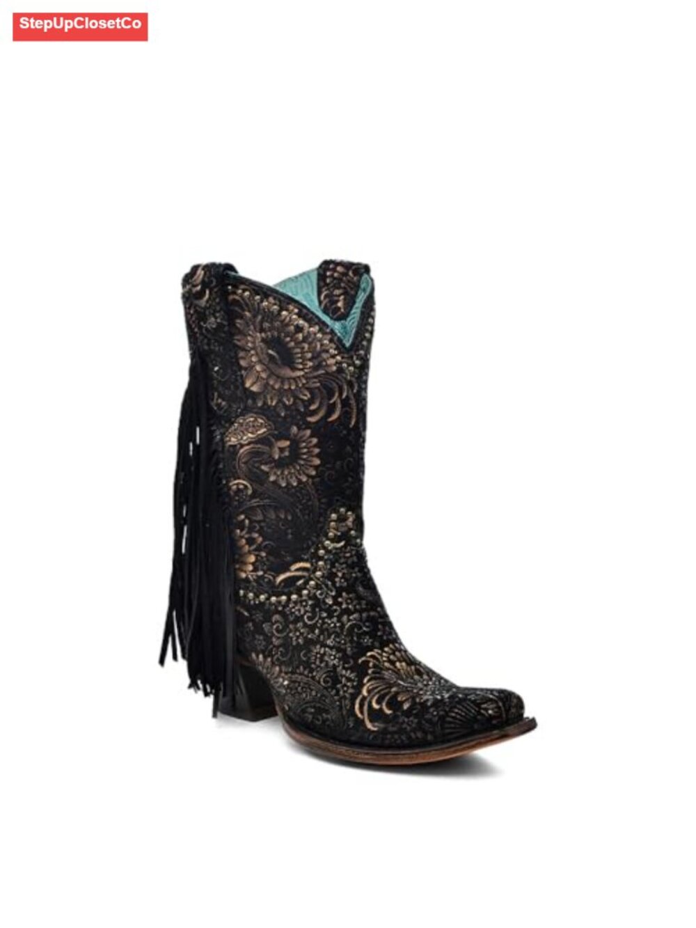 Suede Western Ankle Boots Square Toe Fringe Block Heel